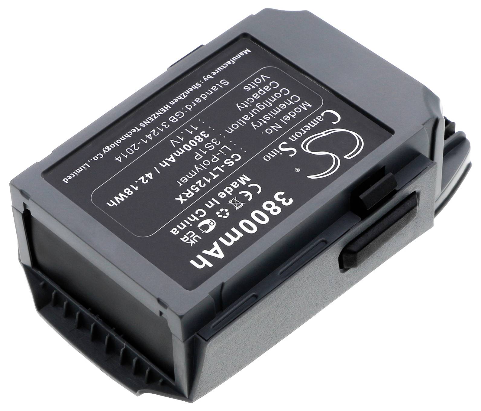 Rechargeable battery with a capacity of 3800mAh, voltage 7.2V, and energy 27.4Wh. Model designation 'CS-FH70'.