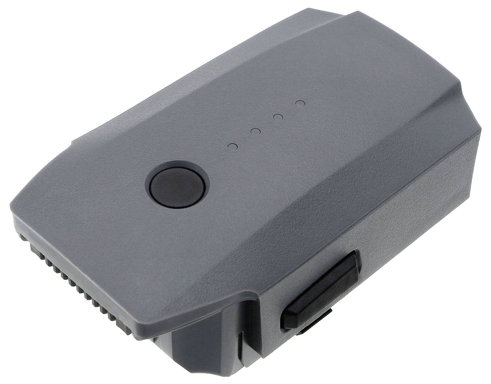 Grey battery for drones, rectangular in shape, with a button and four LED indicators to display the charging status.