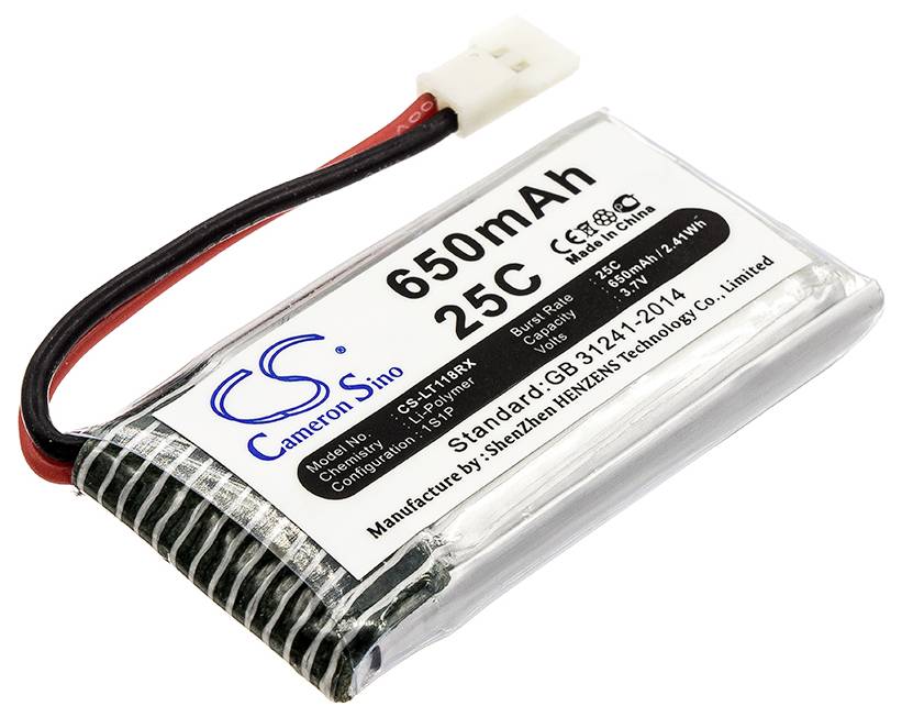 Lithium-Polymer battery with 650 mAh capacity and 25C discharge rate. Manufacturer details and standard information printed.
