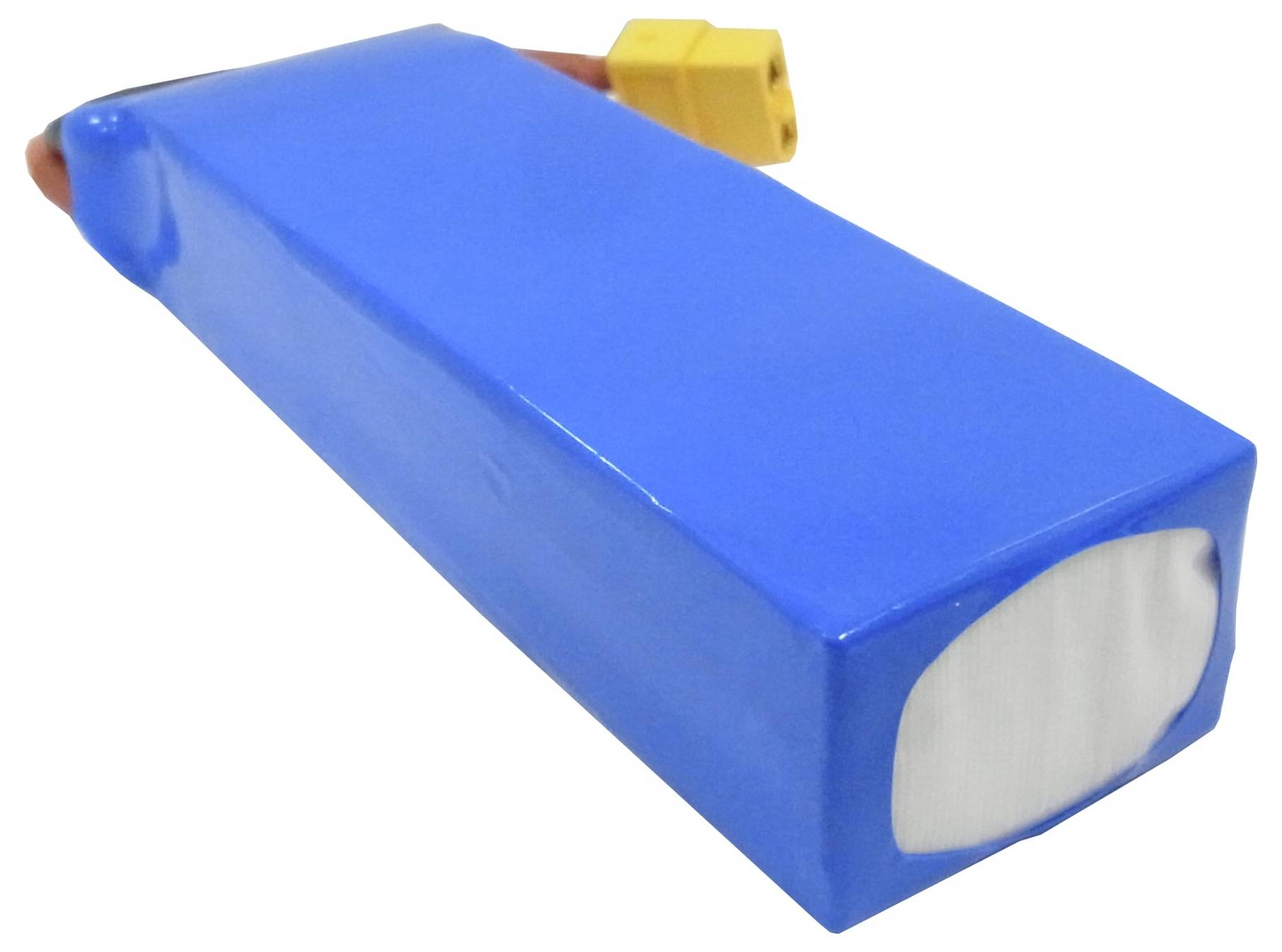 Blue lithium-polymer battery with yellow connector, suitable for model-making or drones. Rectangular shape, compact and lightweight.