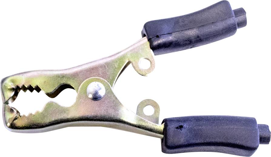 A crocodile clip with black insulated handles. It is commonly used for connecting electrical contacts in circuits.