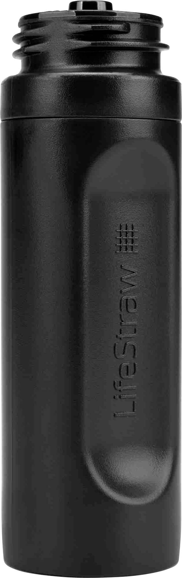 A black, cylindrical water bottle with the 'LIFESTRAW' logo vertically embossed on the side, with an open cap at the top.