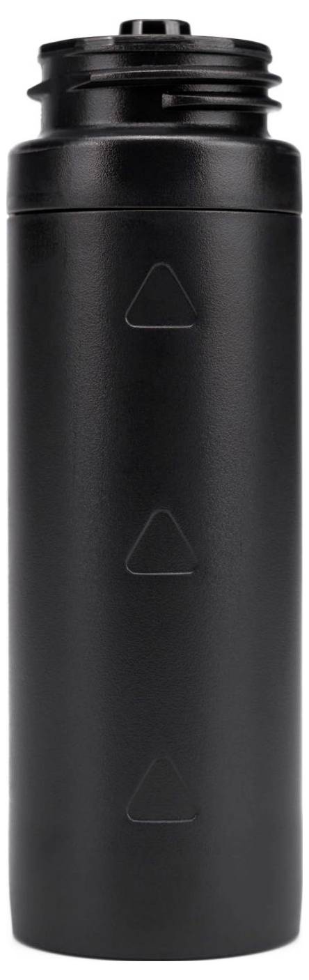 Black, cylindrical bottle with a screw cap, in a vertical position. No labels or markings visible.