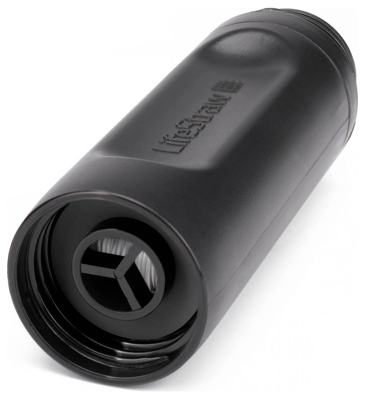 Black cylindrical water filter with 'LifeStraw' inscription, with the filter element visible in the front section.