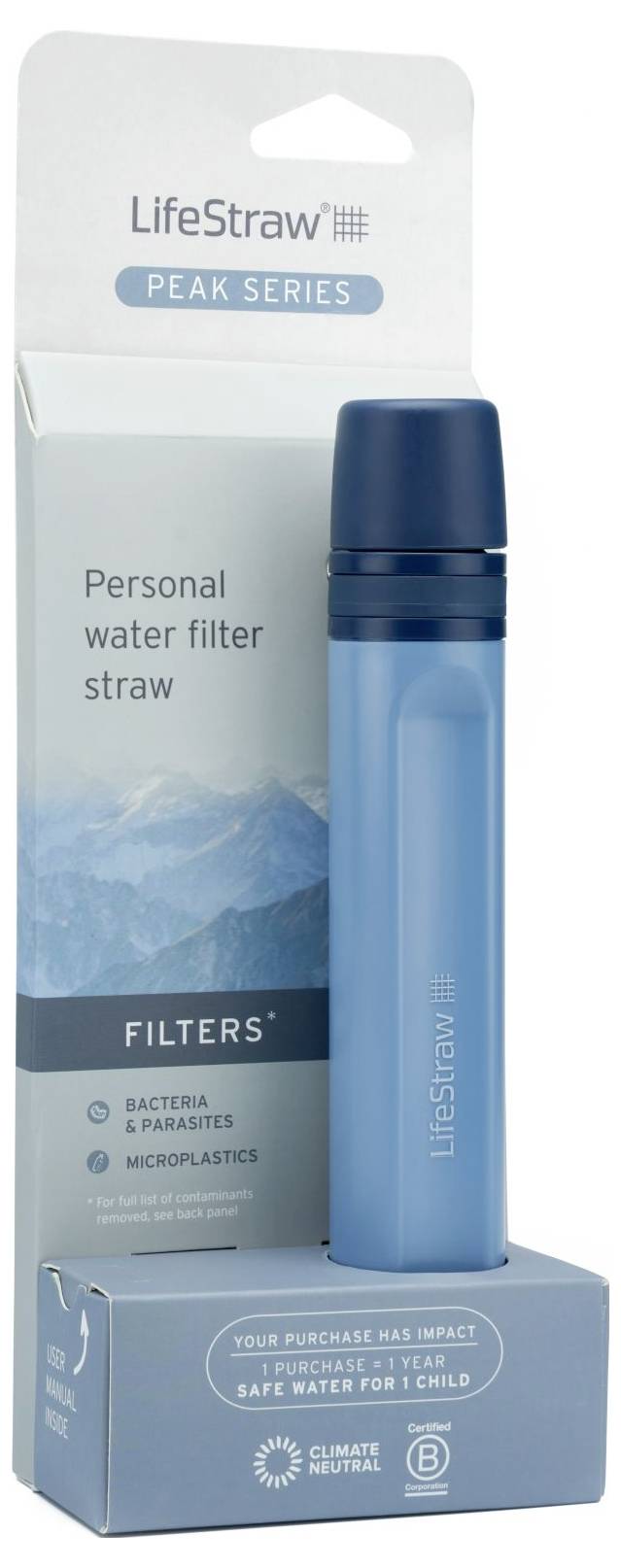 Blue personal water filter 'LifeStraw Peak Series' in packaging. Filters bacteria, parasites, and microplastics.