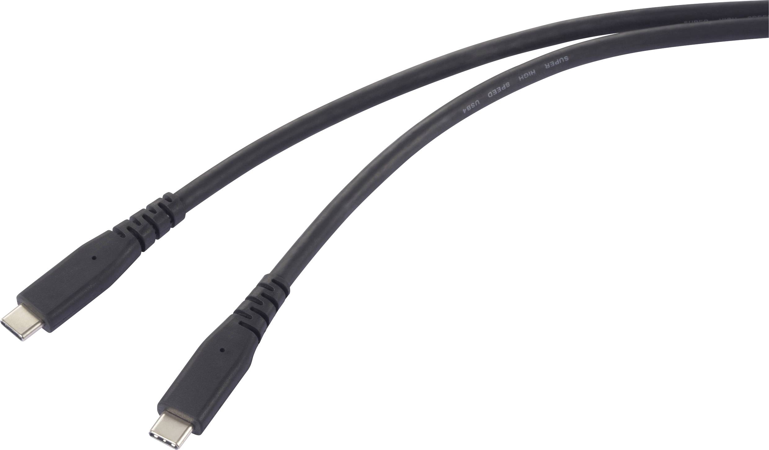 Two black USB-C cables side by side with plugs pointing upwards.