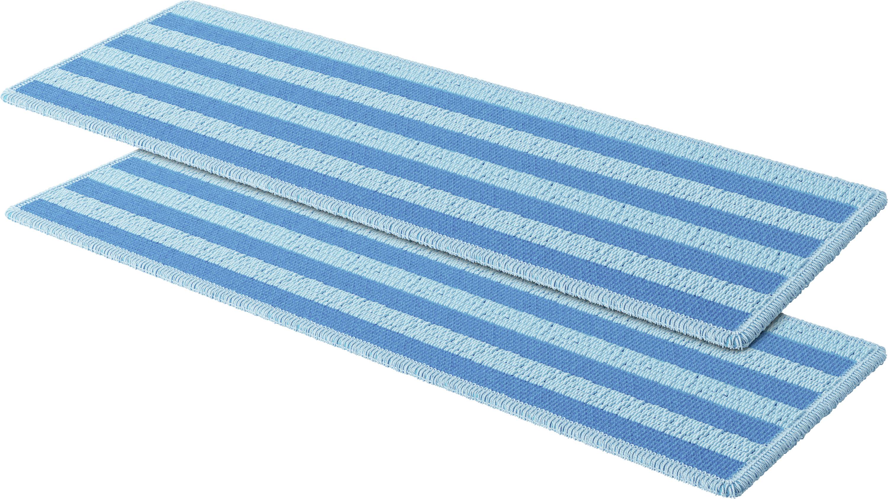 Two blue floor cloths with light blue stripes, lying side by side.