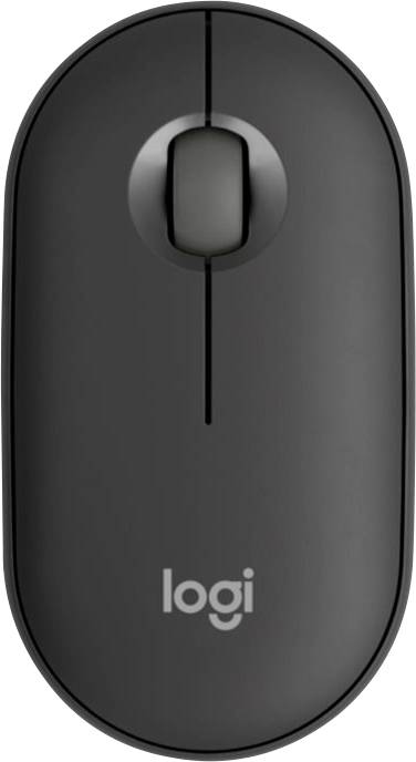 Black, wireless computer mouse viewed from above, with a scroll wheel in the centre and 'logi' logo at the bottom.