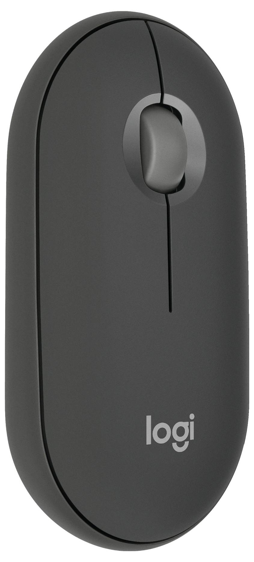 Black, wireless mouse with scroll wheel and two buttons. 'Logi' logo on the bottom. Suitable for PC use.