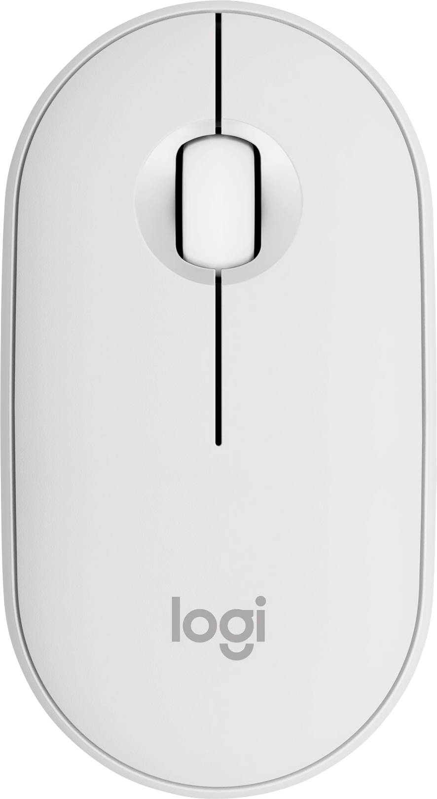 A white computer mouse with a logo print, minimalist design, two buttons and a scroll wheel in the centre.
