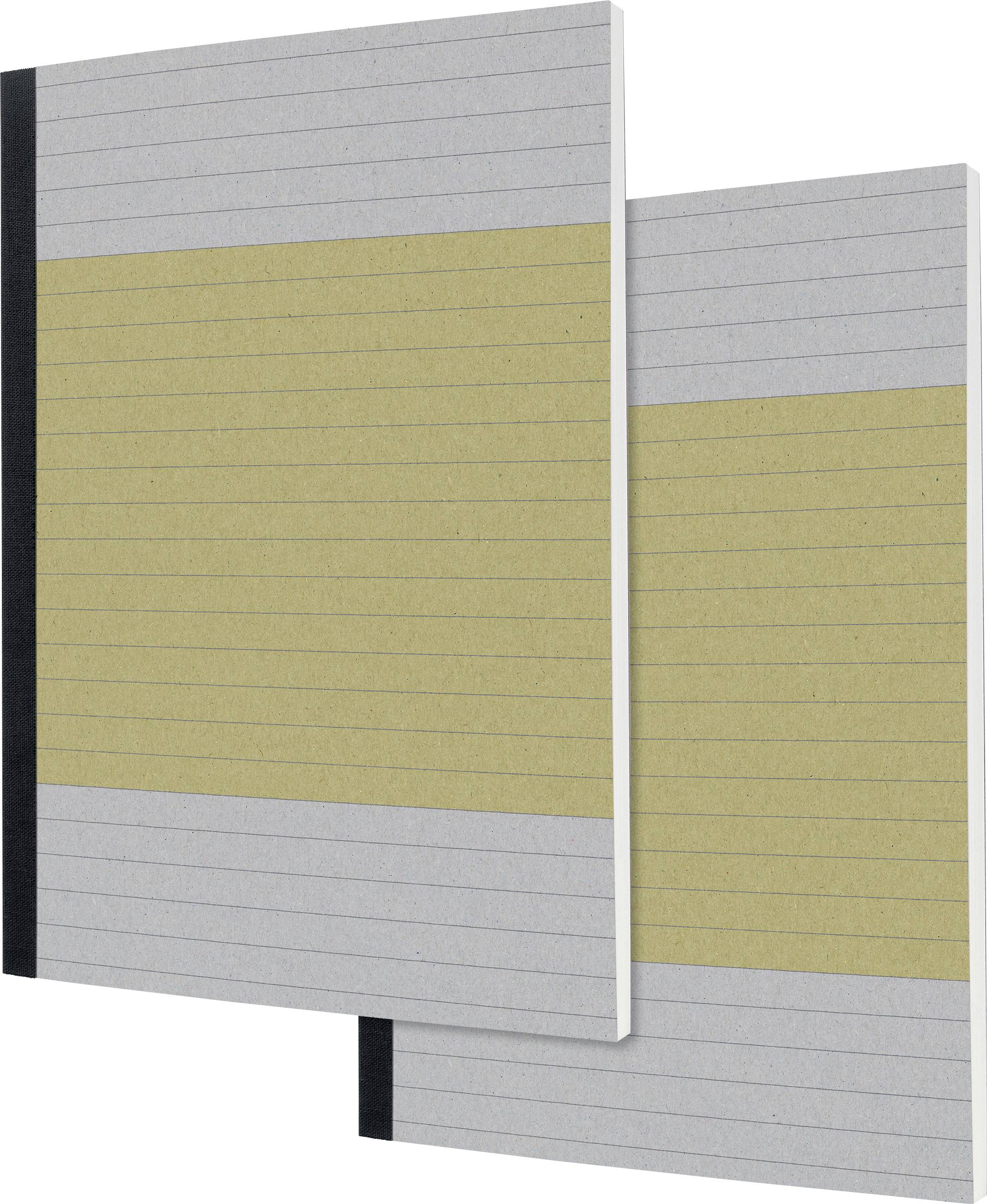 Two grey and beige notebooks with lined pages and a black spine, layered on top of each other.