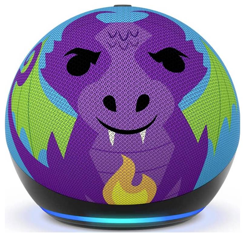 A round speaker featuring an illustrated face of a purple dragon with green wings and a yellow flame on the front.