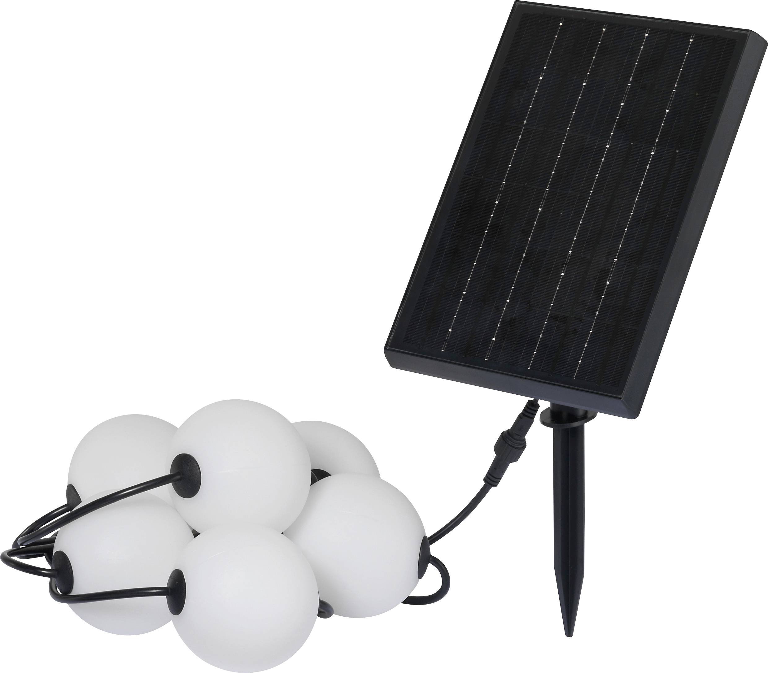 Solar garden light with seven spherical lights, connected by a cable. A solar panel beside it with a ground stake.