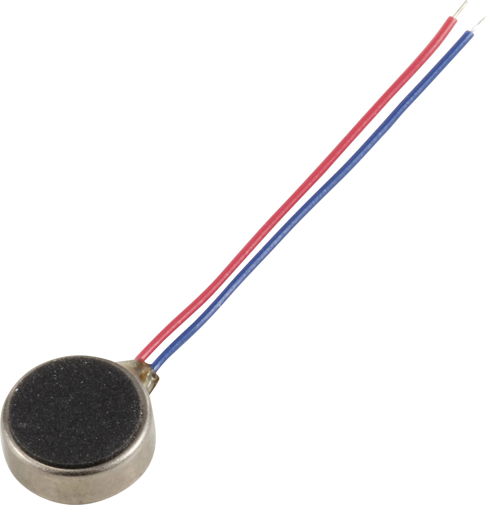 A small, round vibration motor with red and blue wires, suitable for electronic devices or haptic feedback.