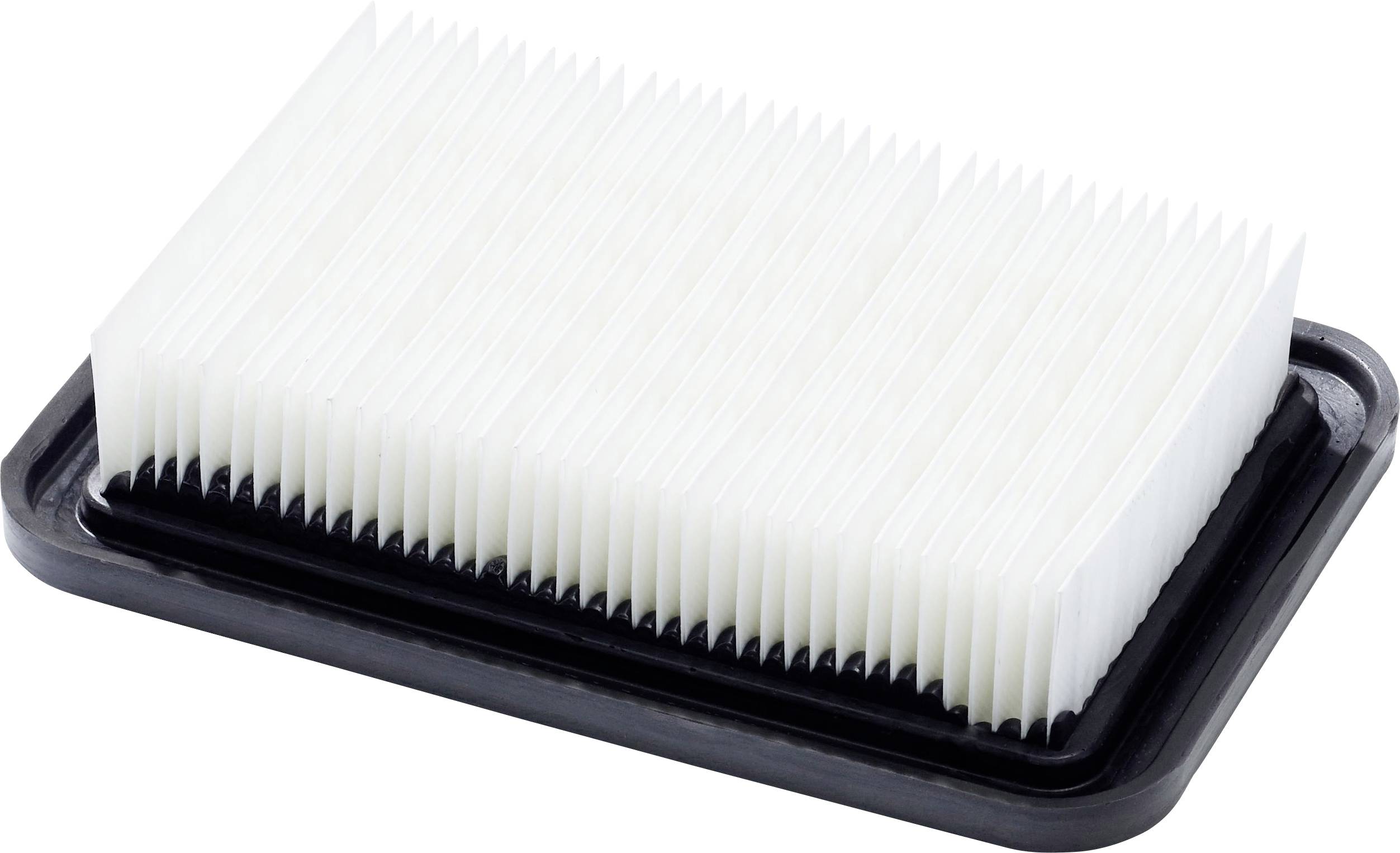 A rectangular white air filter with wavy edges mounted on a black frame.