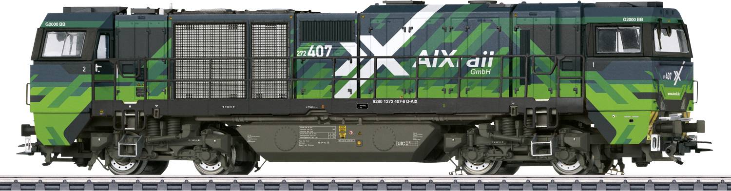 Green and black locomotive on a railway track with the inscription 'AI Xrail Corp.', designed in a modern style.