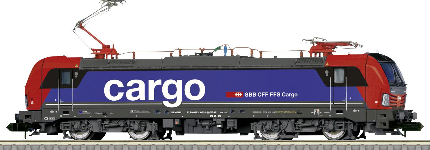 A modern red and blue electric locomotive of SBB CFF FFS Cargo is standing on the track, with 'cargo' written on its side.