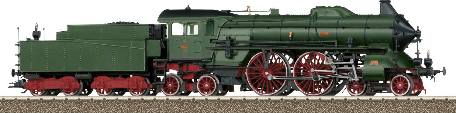 A green steam locomotive with red wheels on a track, showcasing classic railway engineering.