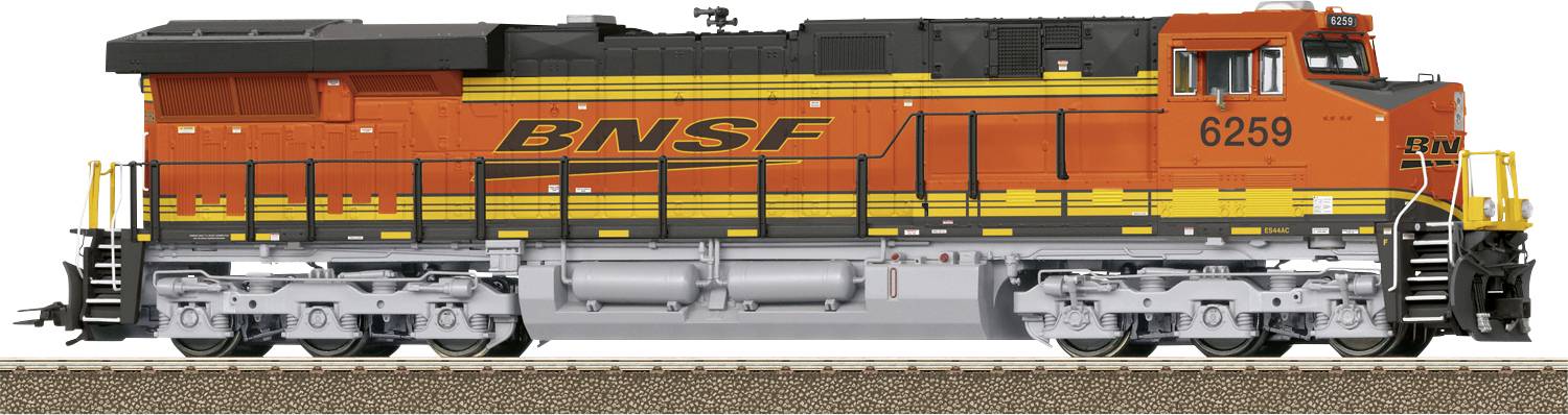 An orange and black freight train with 'BNSF' markings and the number '6259' stands on a track.