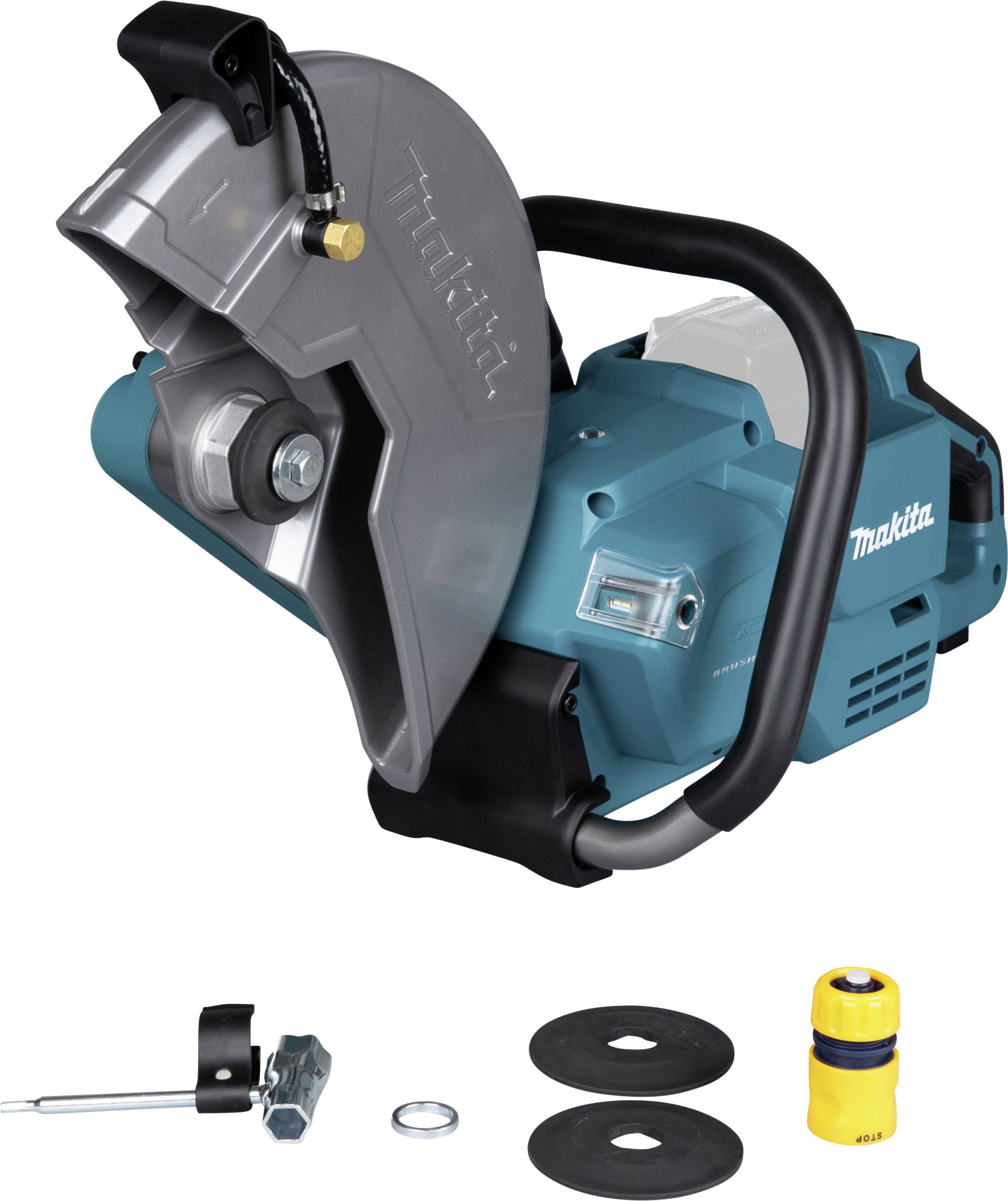 Makita cordless cutting disc grinder, blue machine with grey protective shield and ergonomic handle. Accessories: Spanner, two discs, yellow component.