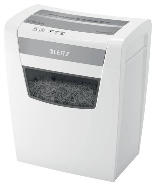A white Leitz paper shredder with a transparent viewing window, filled with shredded paper.