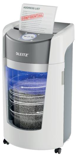 A shredder is destroying a document with the inscription 'Address List CONFIDENTIAL'. The device is grey and designed in a modern style.