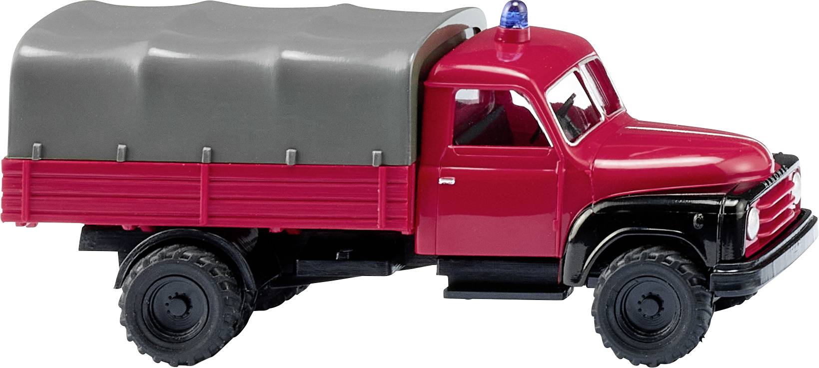 Toy lorry in red with grey tarpaulin and blue emergency light. The model displays a classic design with robust wheels.