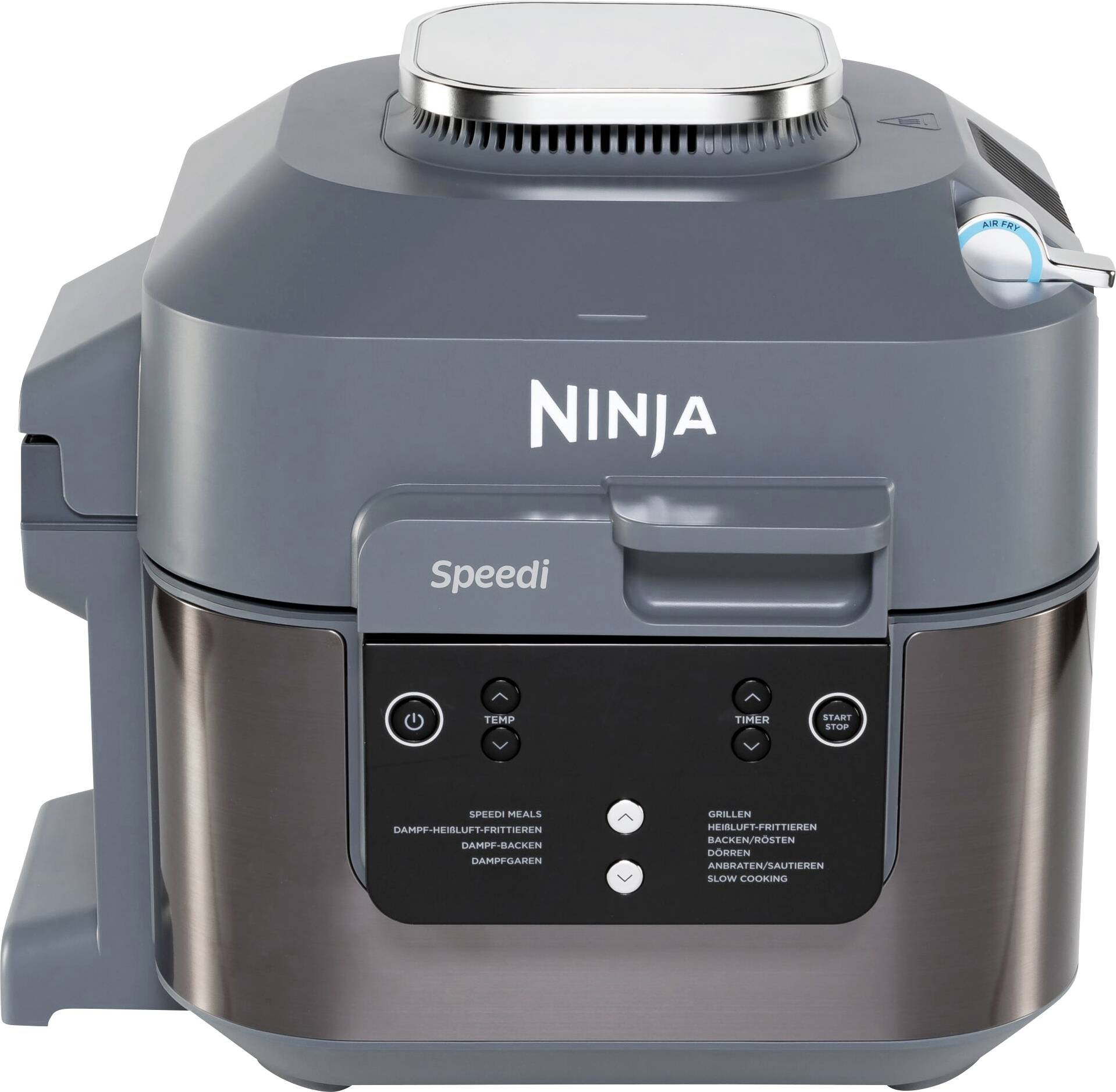 Multifunctional cooking appliance with 'Ninja Speedi' labelling, featuring an integrated control panel with buttons for various cooking modes and time control.
