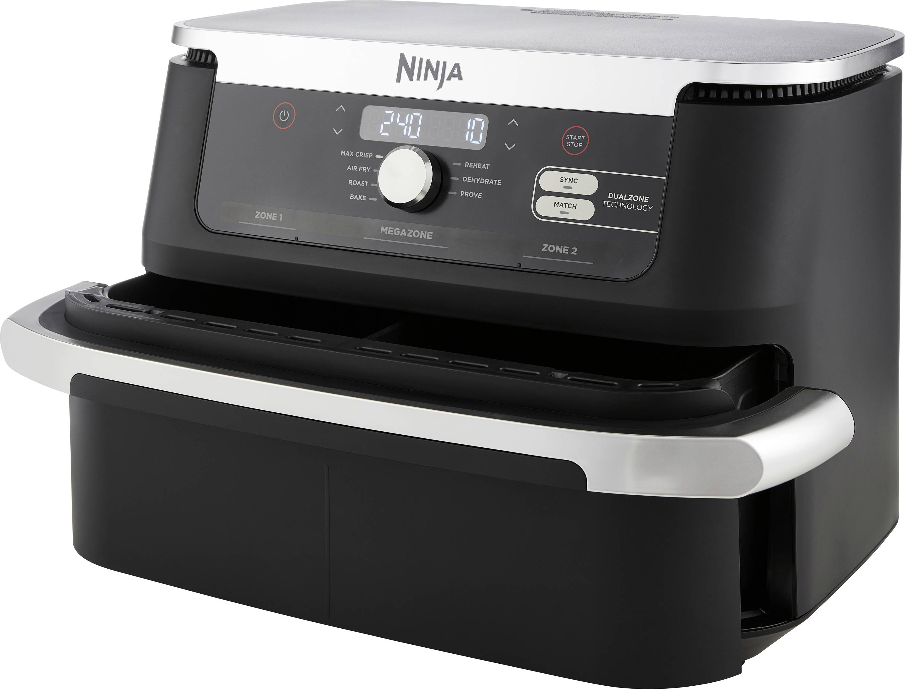 A black, modern air fryer with two zones and a digital display showing various settings.