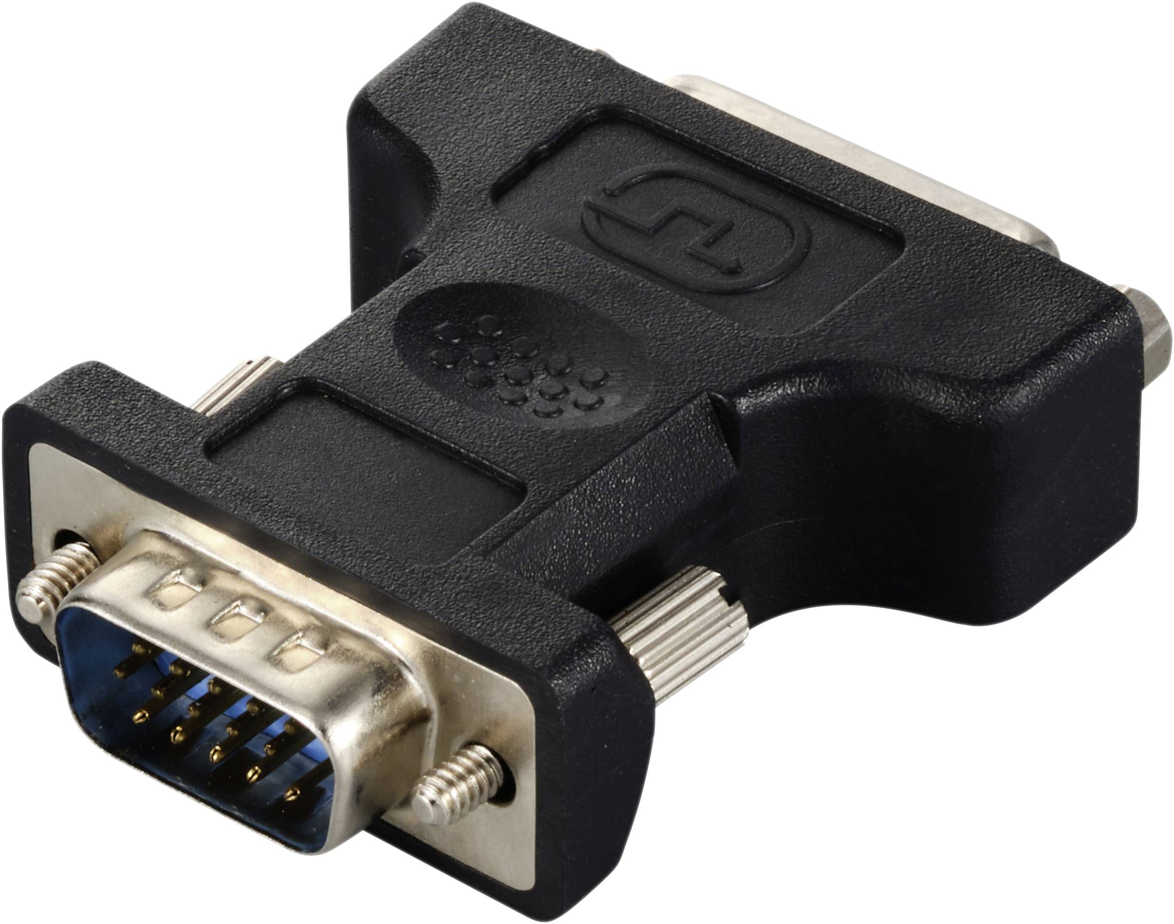 A black VGA-to-DVI adapter, used for connecting VGA cables to DVI devices in computer networks or systems.