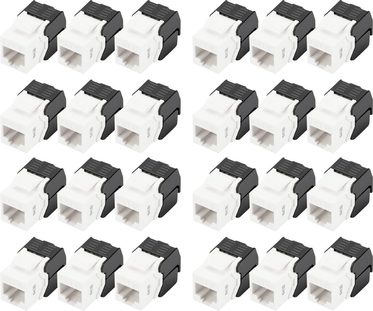 Several RJ45 keystone modules arranged side by side. Each module has a white connection area and a black clip.