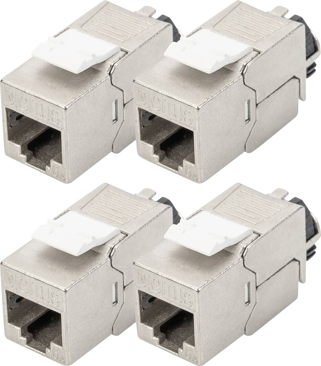 Four metal module plugs, suitable for Ethernet connections. Each plug has a click mechanism for securing in the network socket.