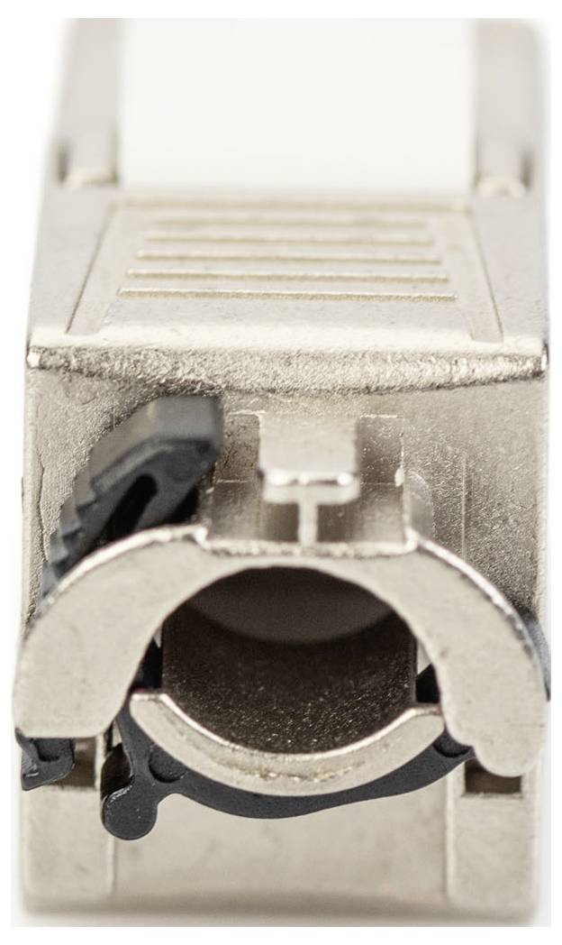 Close-up of a metallic network connector with a visible locking mechanism and a rectangular housing.