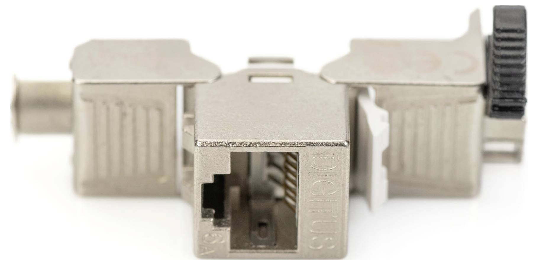 A component with an RJ45 socket connection, suitable for connecting network cables. Metal housing with plastic element.