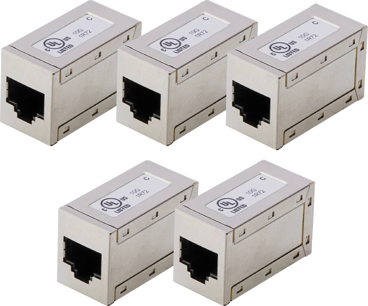 Five RJ45 keystone sockets positioned side by side. Each socket has a UL logo on top and is designed for network connections.