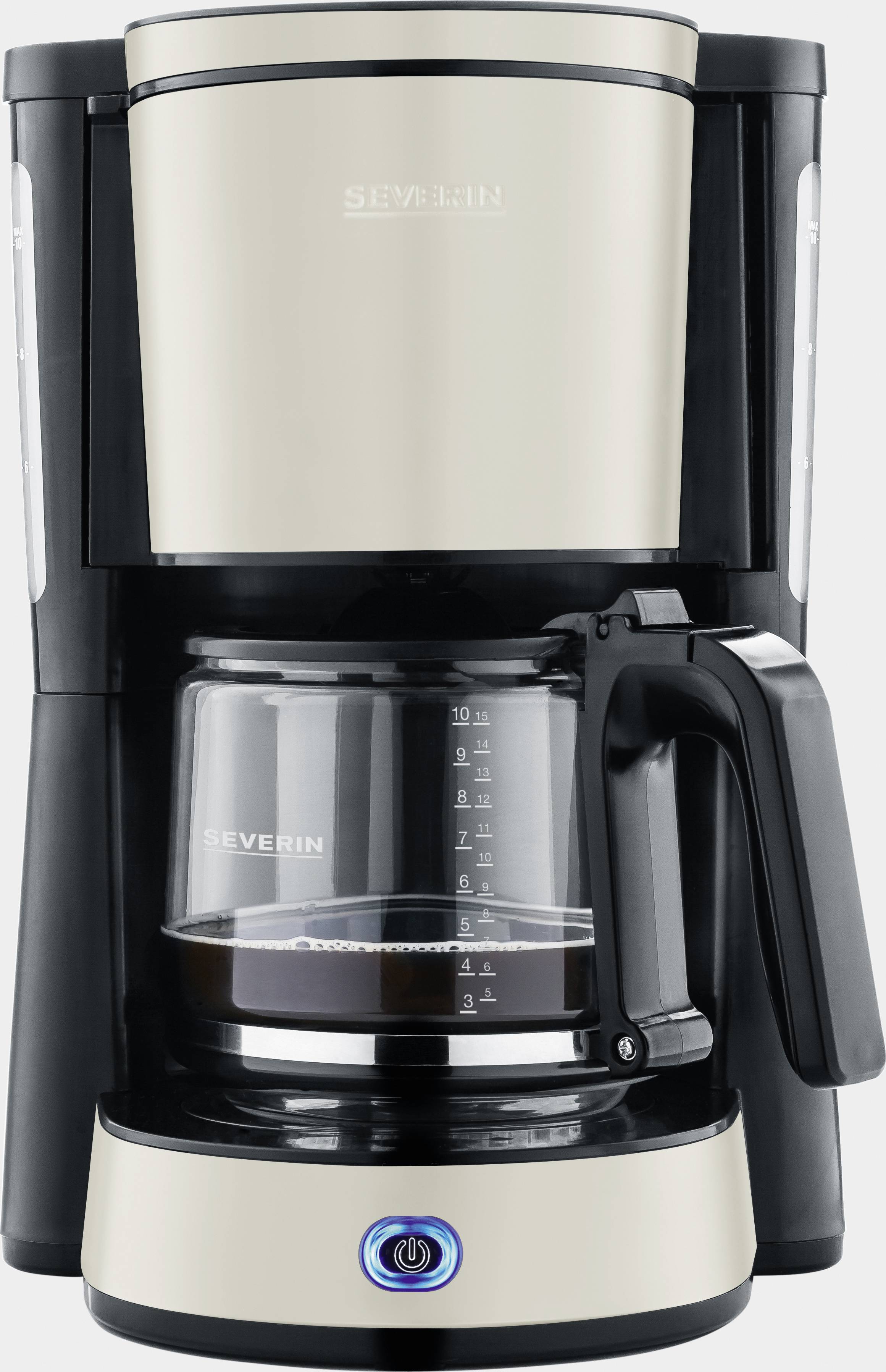 A black and silver coffee machine with a glass carafe, half-filled with coffee. A blue power button is illuminated.