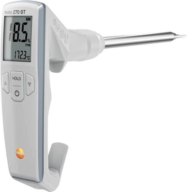 Digital cooking thermometer with display showing 18.5% and 172.3°C. Contains buttons for 'HOLD' and 'Mode'. Device handle on the left.