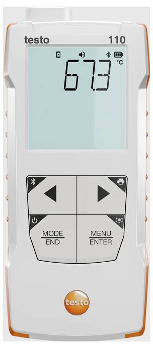 Digital thermometer with LCD display showing 67.3 degrees Celsius. Mode and menu buttons visible underneath.