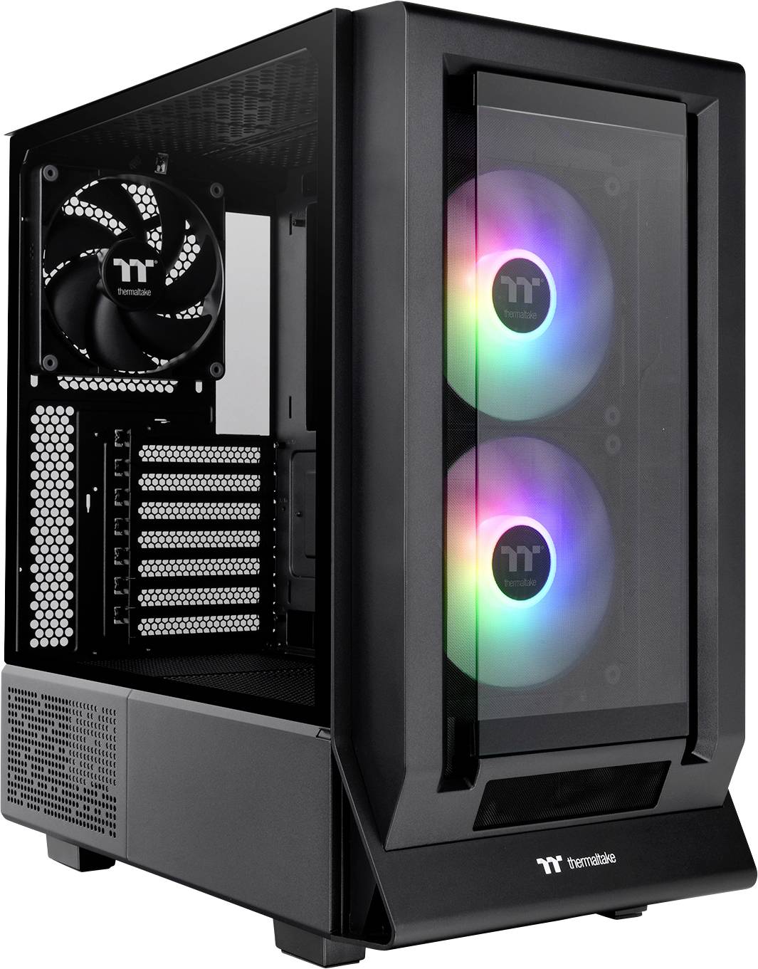 A black PC case with a glass side panel displays three RGB fans, two at the front and one at the rear, positioned against a white wall.