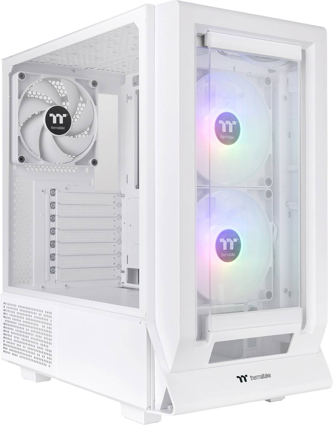 A white computer case with two illuminated fans at the front and one fan at the rear.