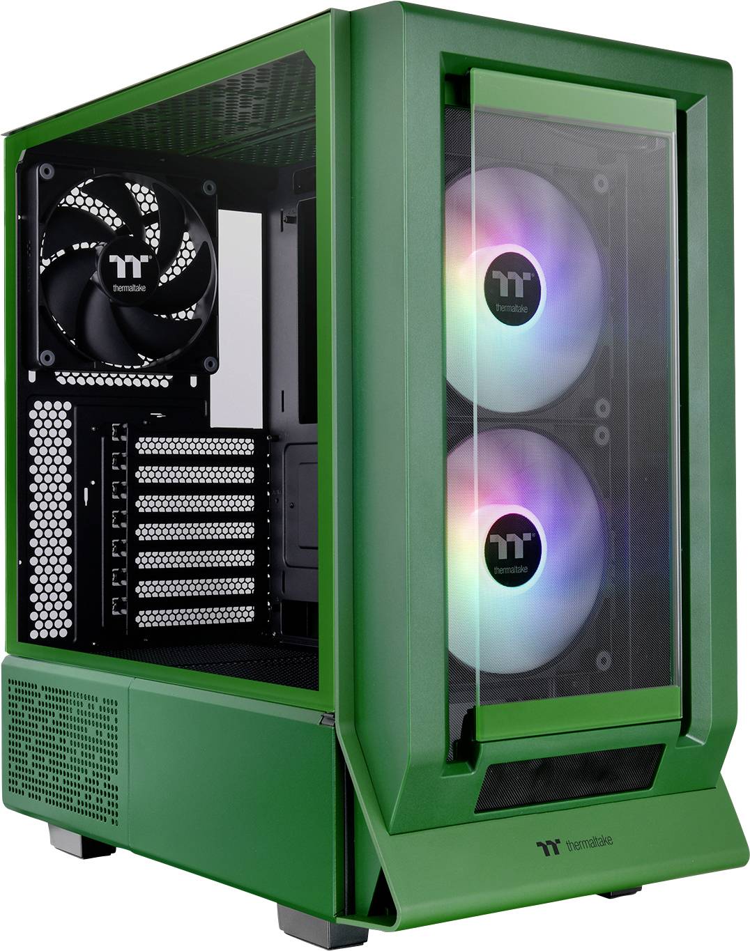 Green computer case with transparent side panel, showing illuminated fans and ventilation slots. Modern PC tower.