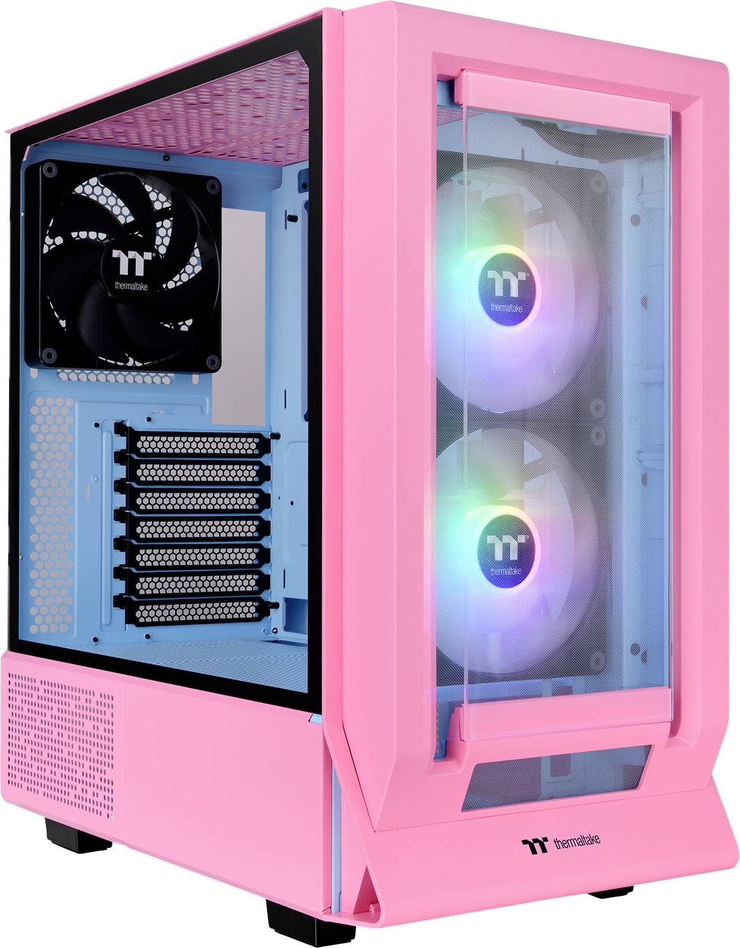 A pink computer case with a transparent side panel, two illuminated fans, and an additional fan on the rear.