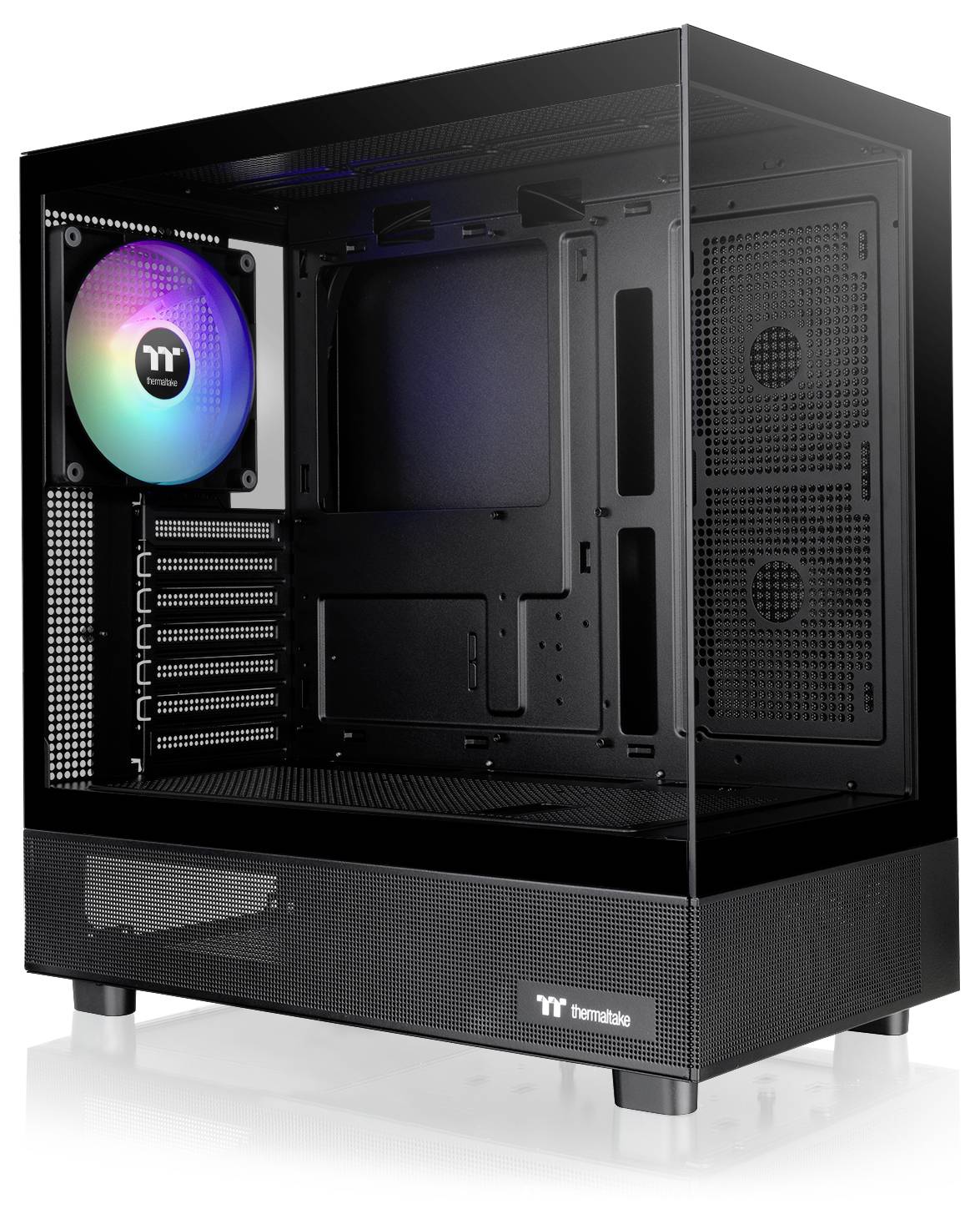 Black computer case with glass side panel, RGB fans installed, provides space for multiple expansion cards and drives.