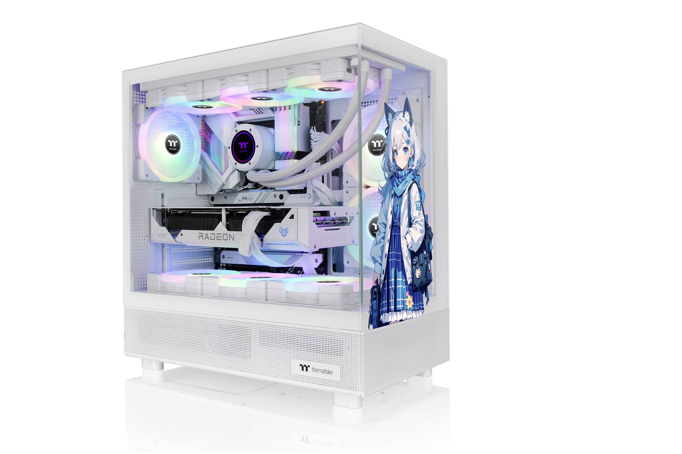 White computer case with a transparent side window, showing illuminated components and graphics card. An anime figure is depicted on the exterior.