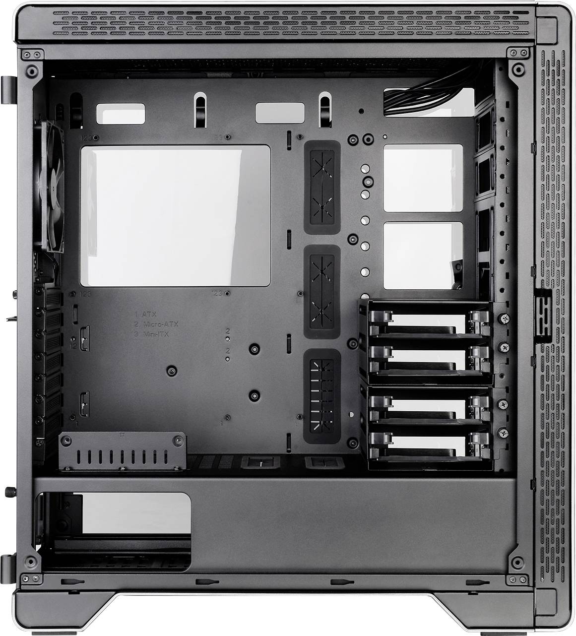 Interior view of an empty computer case with space for motherboard, hard drives, and fans. Cable management options visible.