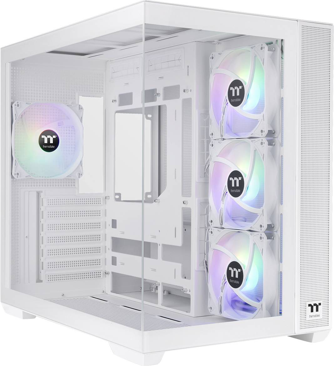 A white PC case with four integrated RGB fans and a glass panel, revealing the internal layout and cooling components.