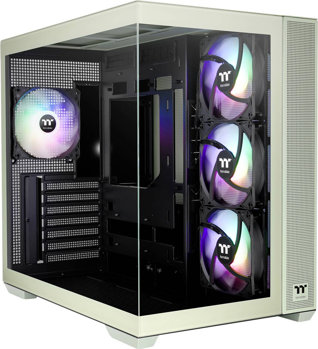 A PC case with a glass panel displays four colourful RGB fans and an empty interior ready for hardware installation.