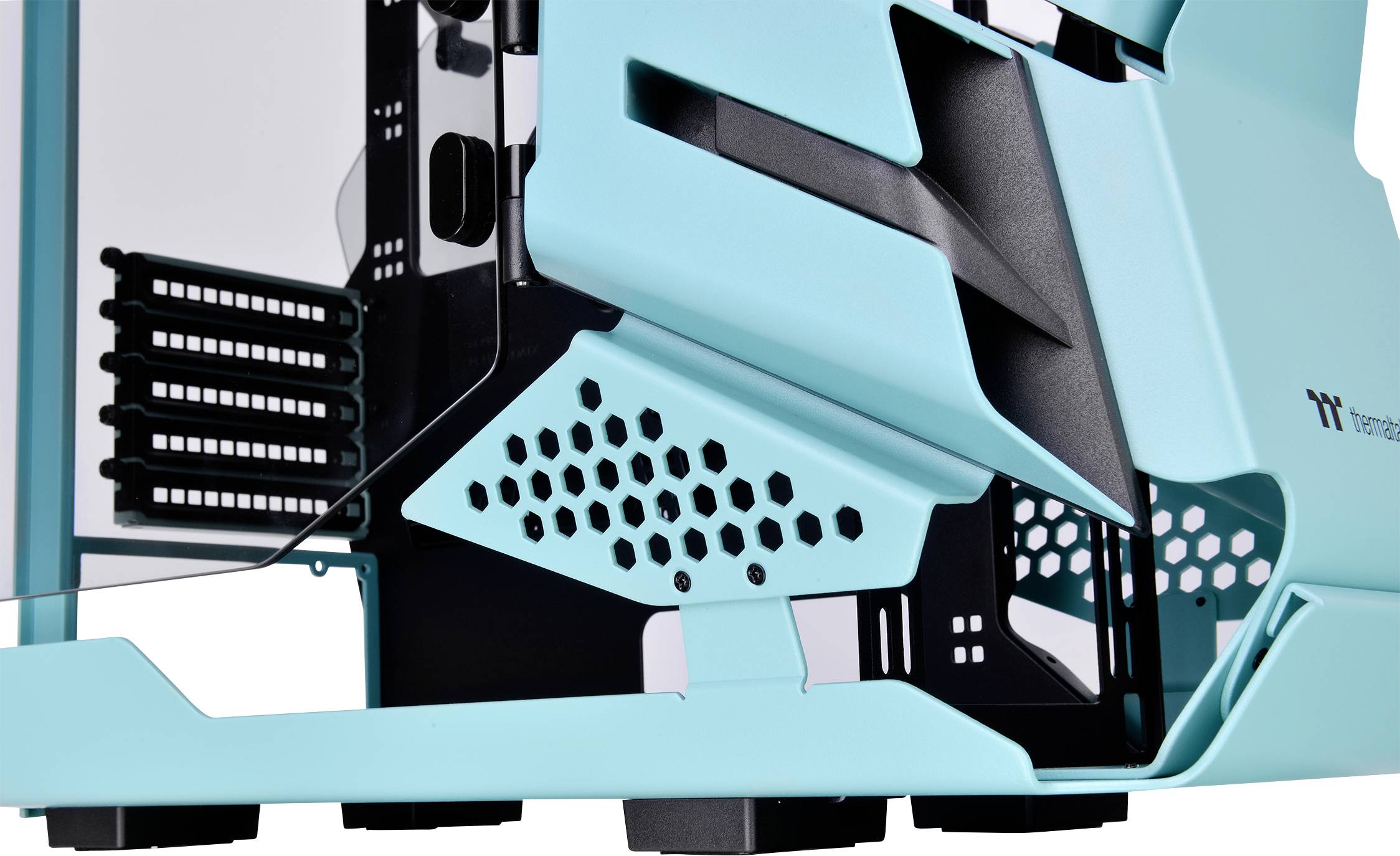 Light blue PC case with open side panels and black internal frame, showing ventilation openings and mounting points.
