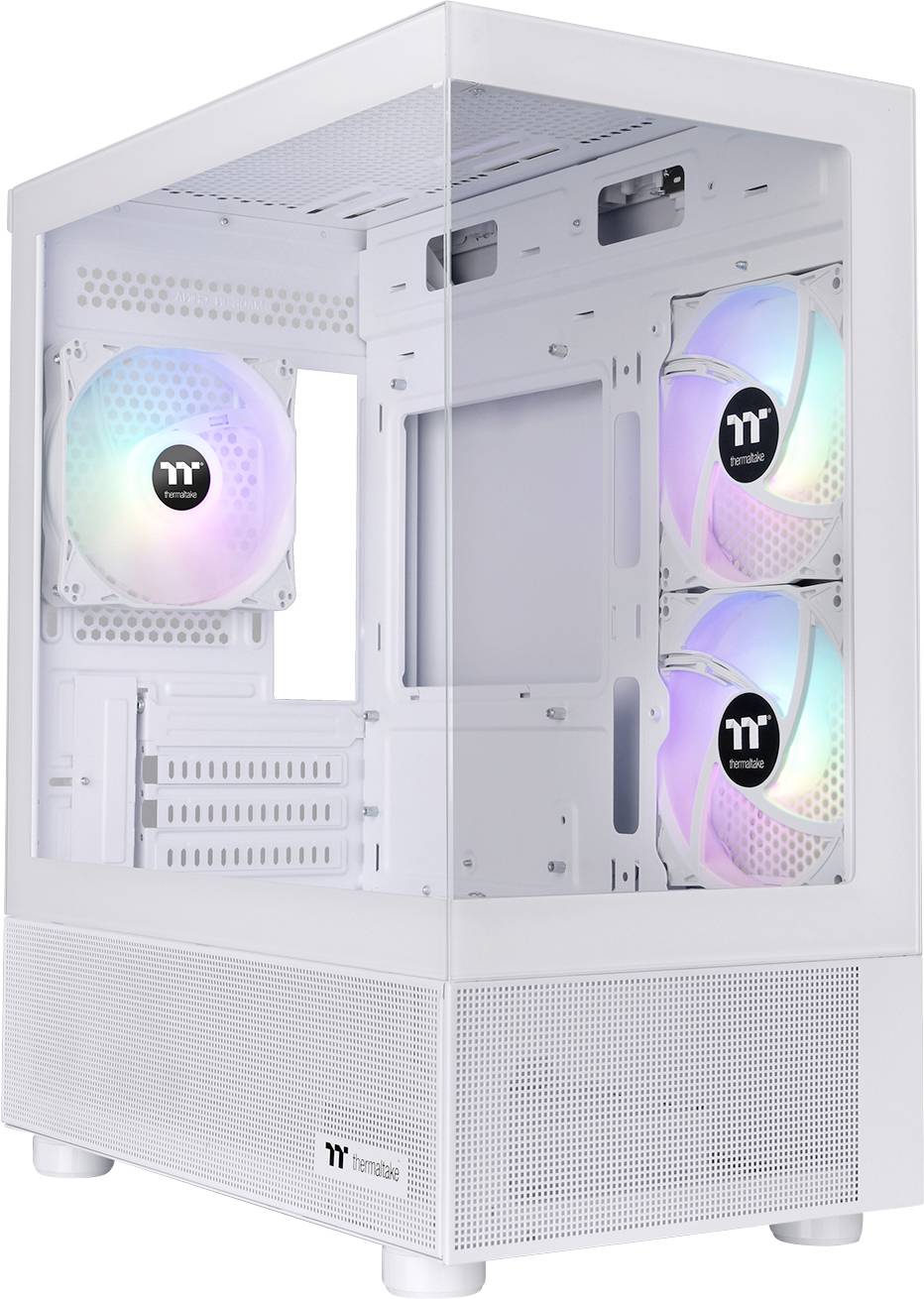 A white PC case with a glass window reveals RGB-illuminated fans inside, ideal for computer build enthusiasts.