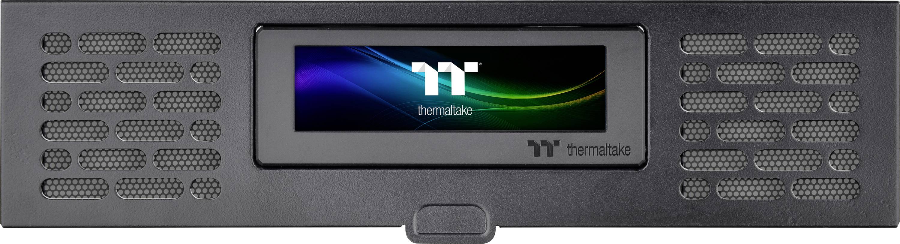 Front view of a black Thermaltake case fan with an illuminated display showing the Thermaltake logo.